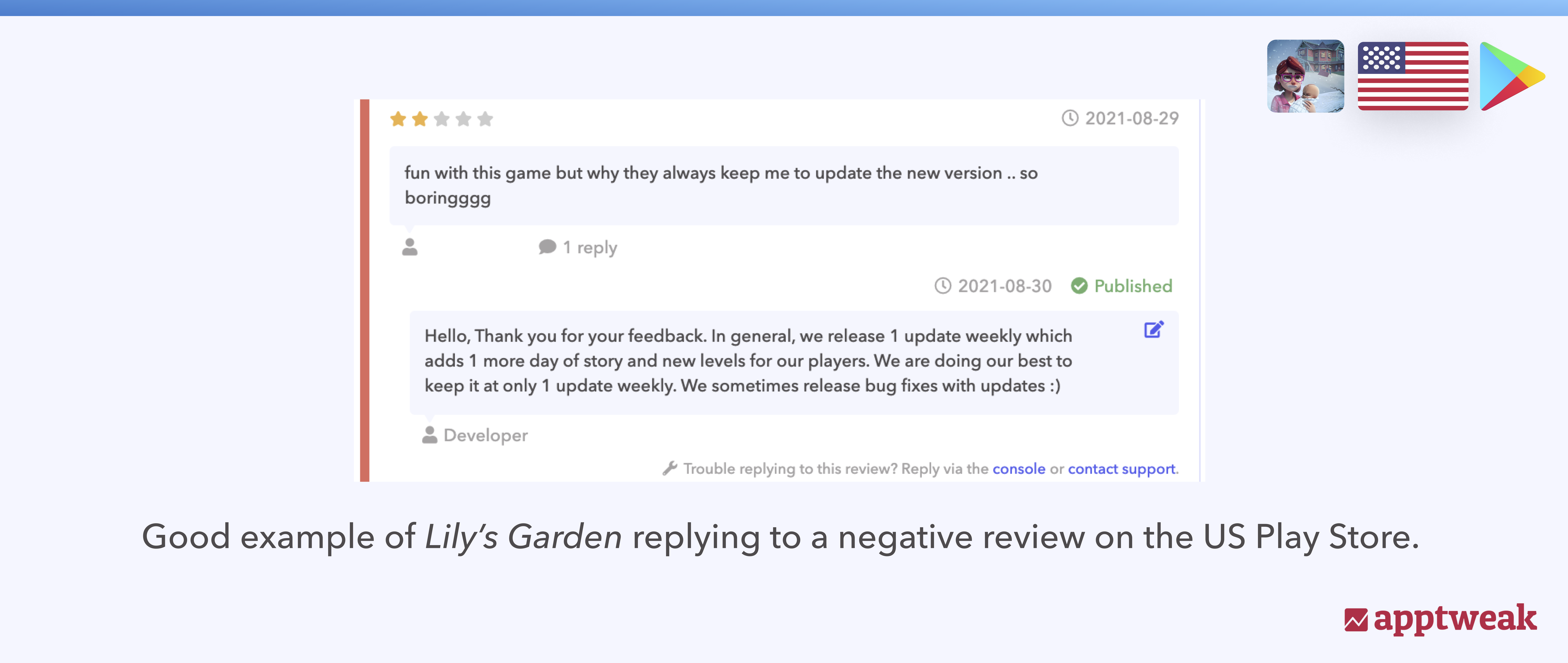 Good example of Lily's Garden replying to a negative review